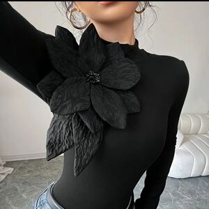 Black Long Sleeve Top with Floral Emblished Accent